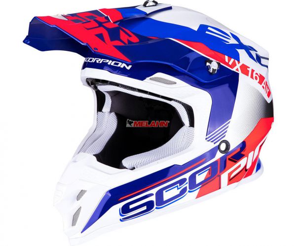 SCORPION Helm: VX-16 Air Arhus, perlweiß/blau/neon rot